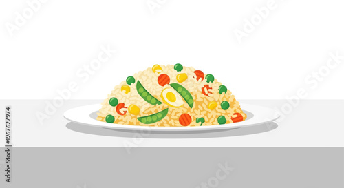Appetizing fried rice with mixed vegetables and egg served on a white plate.