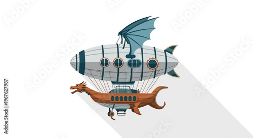 Steampunk airship with dragon shaped vehicle