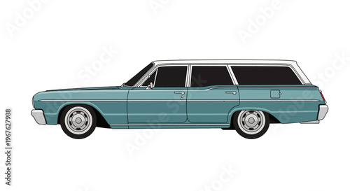 Vintage teal station wagon in profile view against white background