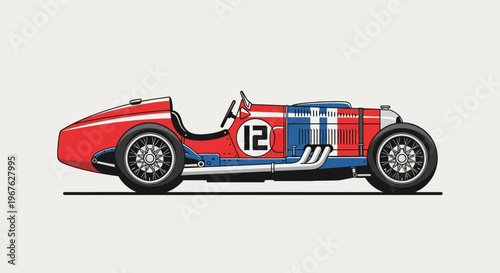 Vintage race car with number 12 in red, white, and blue