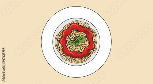 Top view of spaghetti with tomato sauce and basil on a plate.