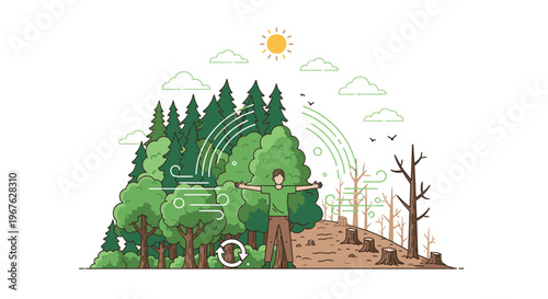 Flat illustration of a person watering trees with a hose in a deforested area next to a lush forest under a sunny sky with clouds.