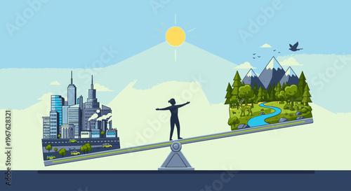 Illustration of a person balancing on a seesaw with a cityscape and a natural landscape on either side against a mountainous background with a sunny blue sky.