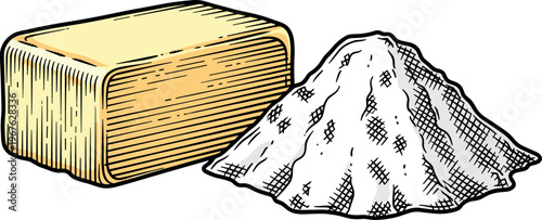 A drawing of butter and salt on a white background for culinary use