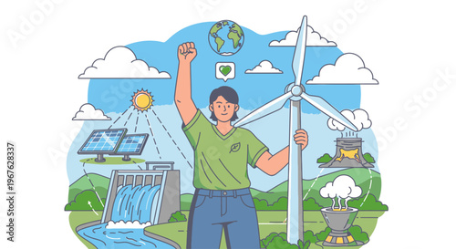 A cartoon man in a green shirt holds a wind turbine and raises his fist in celebration, surrounded by eco-friendly icons like solar panels, a hydroelectric dam, and a recycling bin, against