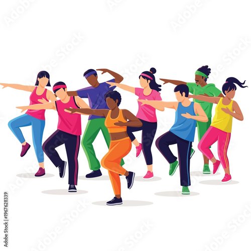 Energetic group of diverse people performing a dynamic dance routine in a fitness class or aerobics session, showcasing movement and activity