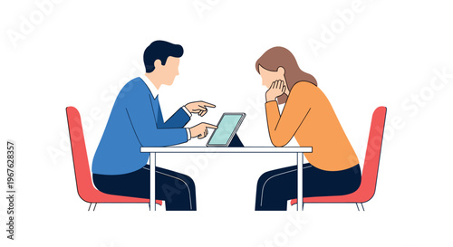 A stressed woman sits across from a man at a table with a laptop