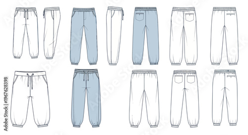 Fashion Flat Sketch: Kids Joggers Pants, Front and Back View, Light Blue and White