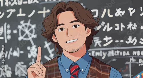 Teacher gives a lesson in front of a blackboard with equations and symbols during a classroom session