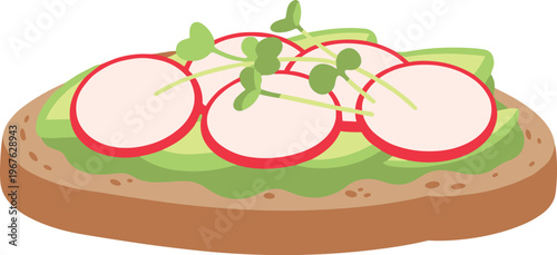 A slice of toast topped with avocado and radish slices and microgreens
