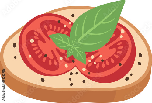 A slice of bread topped with sliced tomatoes and basil leaves
