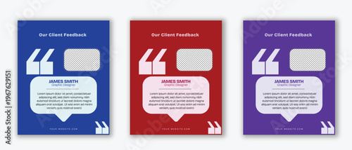 Client feedback testimonial social media post template with quote icon, profile frame and speech bubble card, modern blue red purple layout variations