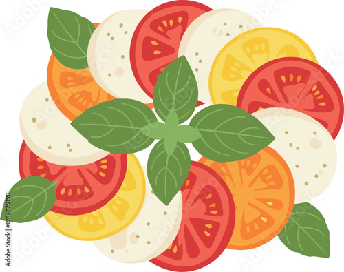 A vibrant illustration of fresh mozzarella, tomatoes, and basil leaves.