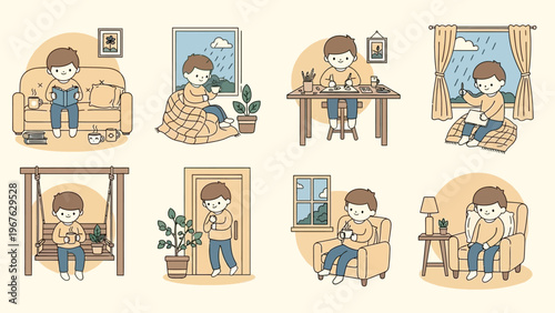 Young boy engaged in various indoor activities on a rainy day.