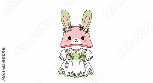 A cute cartoon bunny character wearing a pink mushroom hat and a white dress with green trim against a clean white background.