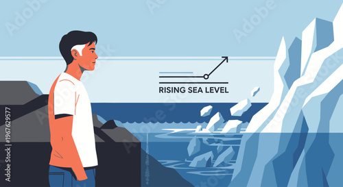 A concerned young man looks out at a rising sea level with melting iceberg in the background, illustrating climate change.
