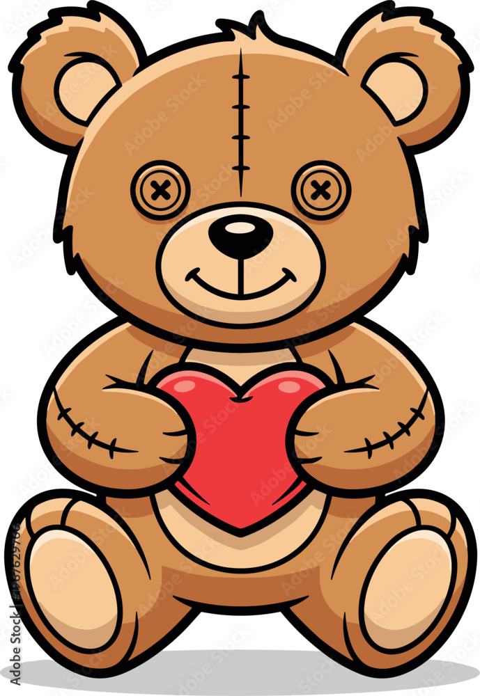 Obraz premium A cute cartoon teddy bear holding a red heart in its paws