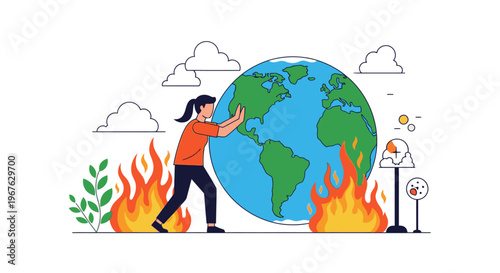 A woman pushes a large globe amidst flames and rising temperatures, with a thermometer on the right, illustrated in a flat style with a white background and a sense of urgency conveyed