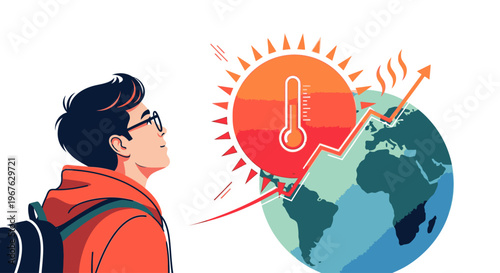 Illustration of a young man looking up at a cartoon Earth with rising temperature graph and sun rays on a white background.