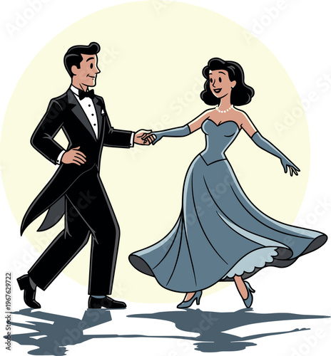 A man and woman dressed up dancing together in a formal setting