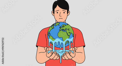 Illustration of a man holding a globe with dripping water in his hands against a plain background, conveying an eco-friendly message.