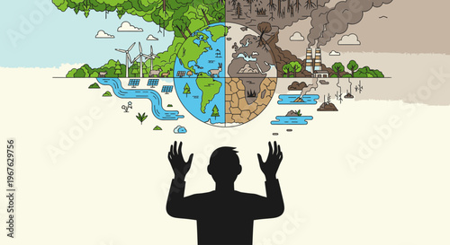 Silhouette of a person with hands raised against a surreal illustration of Earth with environmental damage and industrial pollution in the background.