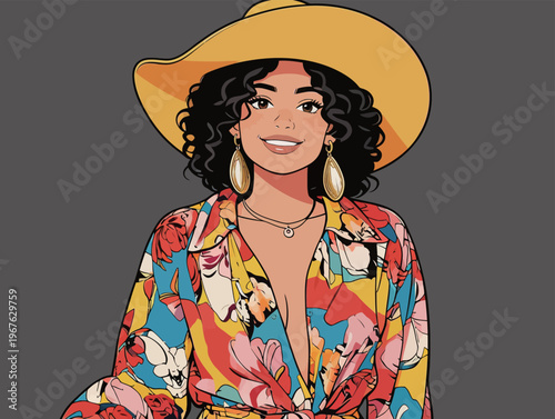 Woman with curly hair in a colorful dress and yellow hat smiling at the viewer during a sunny day at an outdoor event