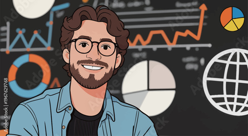 Business person smiles in front of charts and graphs for a presentation in a work setting