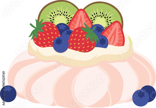 A delicious cake topped with fresh fruit and creamy frosting