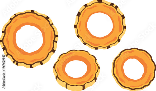 An illustration of four orange inflatable pool rings on a white background