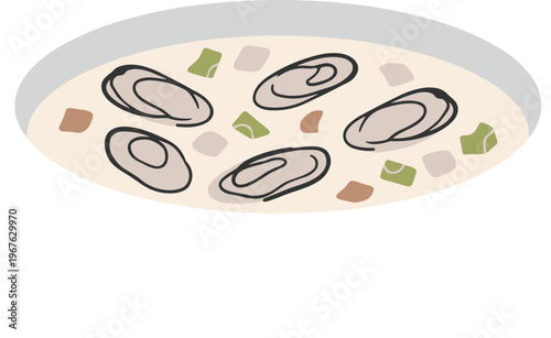 A simple illustration of a bowl of creamy soup with vegetables