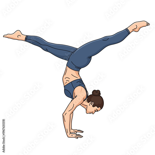 Dynamic illustration of a woman masterfully executing a challenging handstand split yoga pose, embodying strength, balance, and advanced flexibility for fitness and well-being