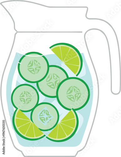 A refreshing pitcher of cucumber and lime infused water on a table