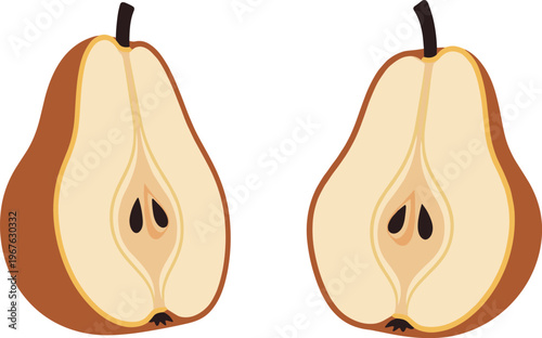 Two halves of a ripe brown pear with visible seeds