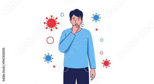 Man coughing surrounded by coronavirus particles, illustrating illness and infection