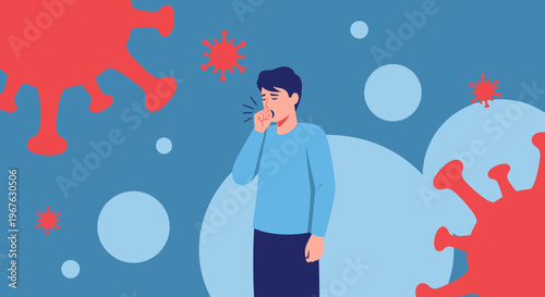 Man coughing with coronavirus symbols, concept of illness and infection