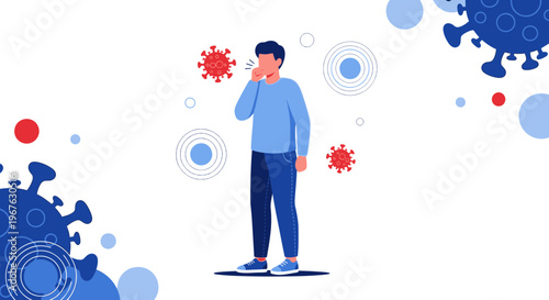 Man coughing with coronavirus symptoms, surrounded by virus particles and abstract circles