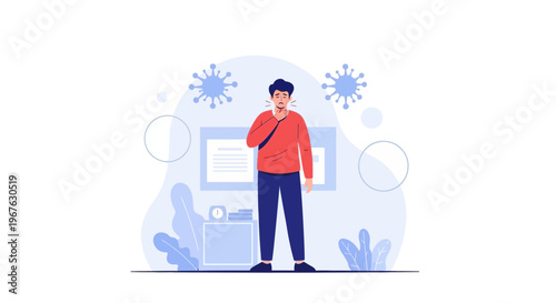 Man coughing with virus particles around him, representing illness and infection