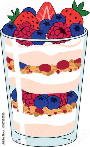 A colorful layered dessert with fresh berries in a clear glass cup