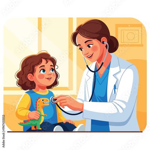 A kind doctor examining a happy child with a stethoscope, promoting healthcare and well-being
