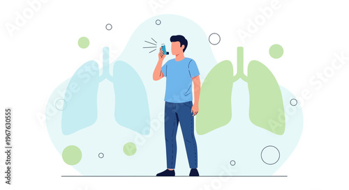 Man using inhaler for asthma relief, with lungs illustration background