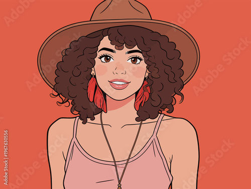 Woman wearing a hat poses in front of a plain orange background during daylight hours in a casual setting