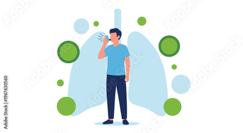 Man using inhaler with lungs illustration and particles, asthma treatment concept