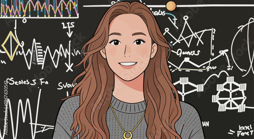 Young woman stands in front of a blackboard filled with math and science symbols while smiling warmly in a classroom setting
