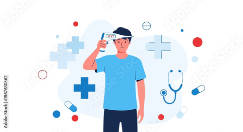Man with fever checks temperature with infrared thermometer, surrounded by medical symbols.