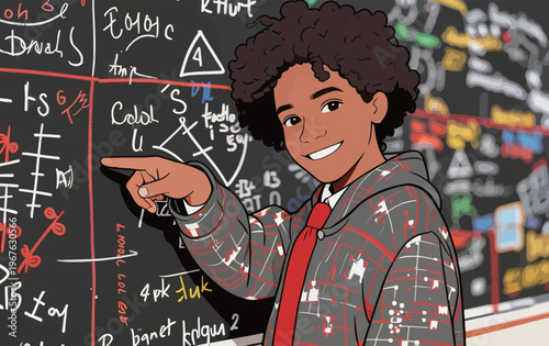 Young boy smiles as he points at chalkboard filled with math equations and drawings during an engaging classroom lesson in daytime