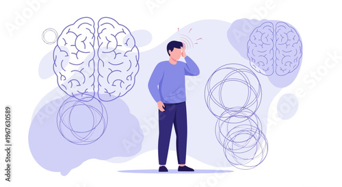 Man with headache, brain fog, mental health, stress, confusion, and cognitive issues concept
