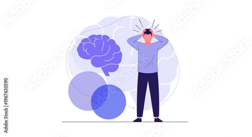 Man with headache holding head, brain illustration, mental health concept