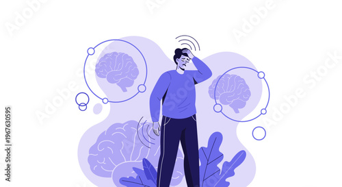 Man with headache, brain illustration, mental health concept, stress, anxiety, neurological disorder