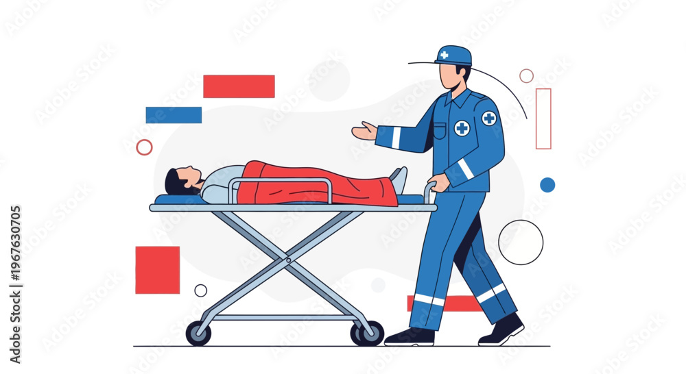 Fototapeta premium Paramedic assisting patient on stretcher, emergency medical services, healthcare concept